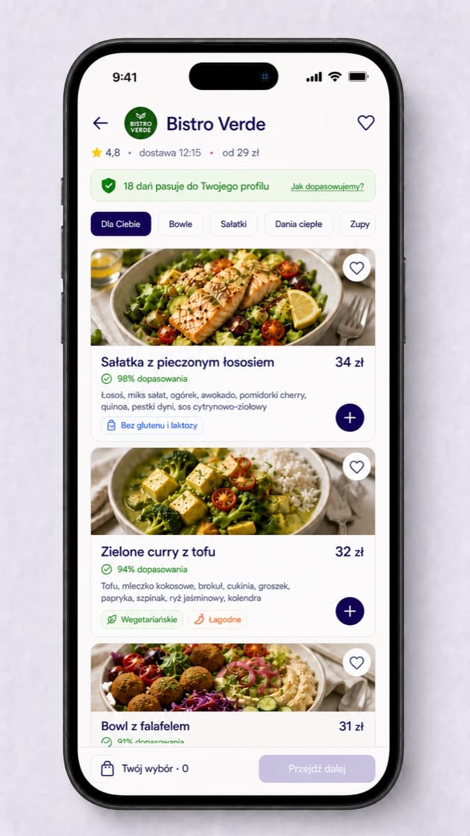 Dopasowane menu restauracji w aplikacji mobilnej taadaam.com
