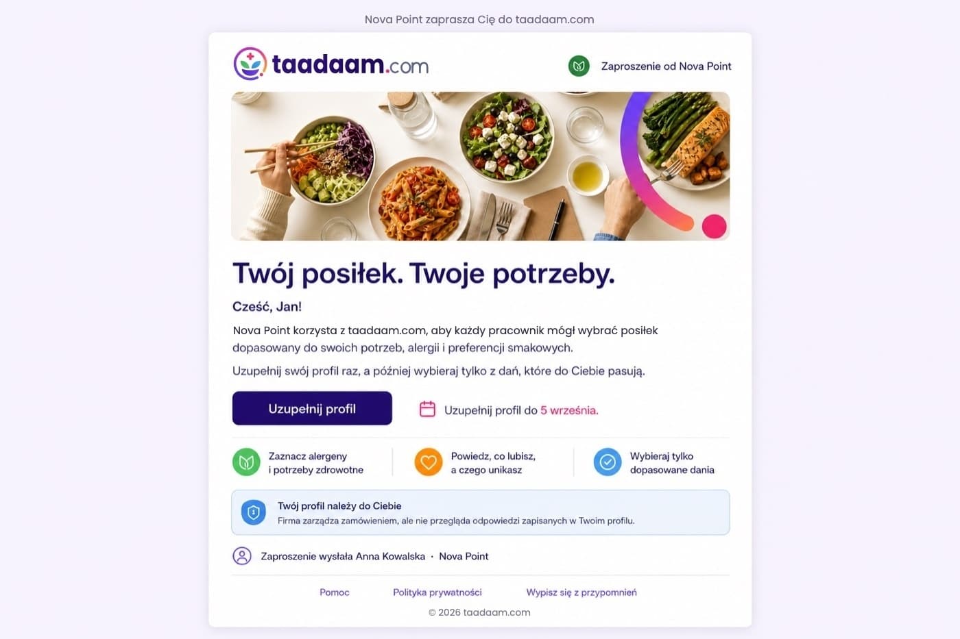 Zaproszenie do taadaam.com wysłane pracownikowi przez firmę