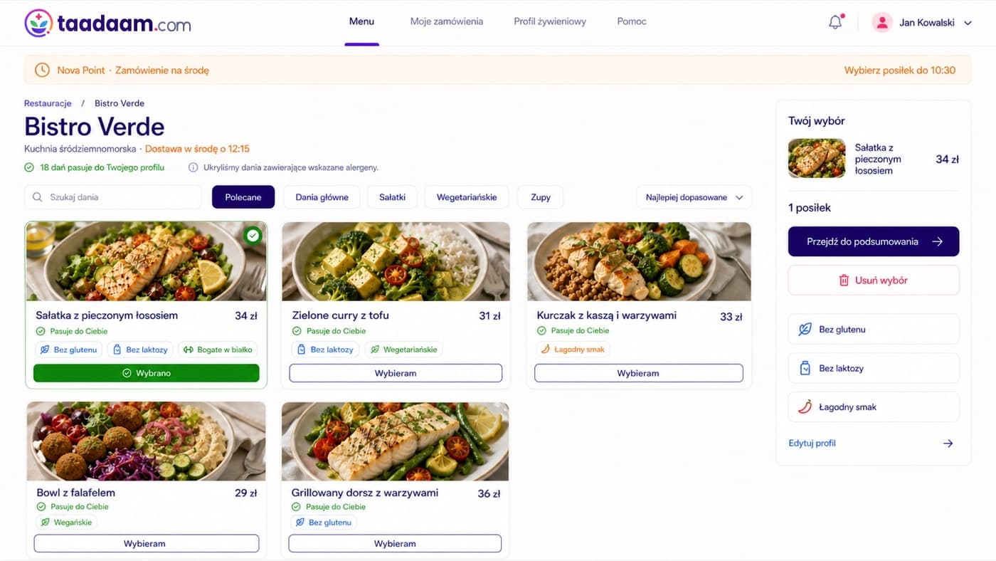 Menu taadaam.com z daniami oznaczonymi jako pasujące do profilu