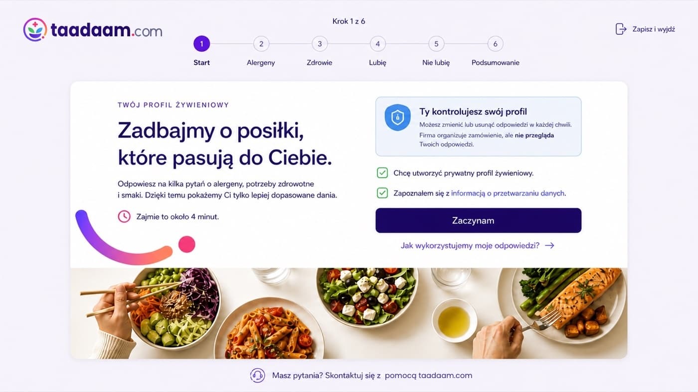 Start profilu żywieniowego z informacją, że pracownik kontroluje swoje dane
