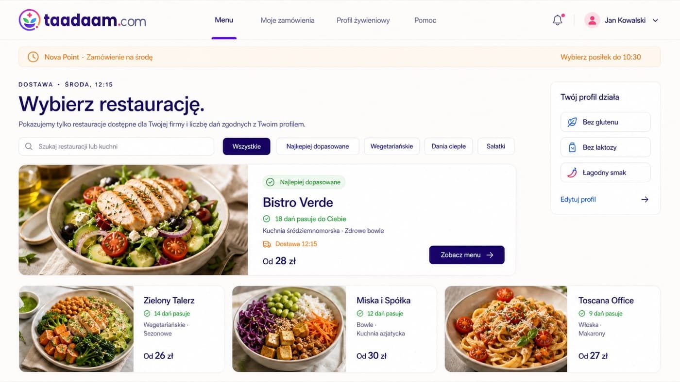 Widok wyboru restauracji w taadaam.com z liczbą dań pasujących do profilu